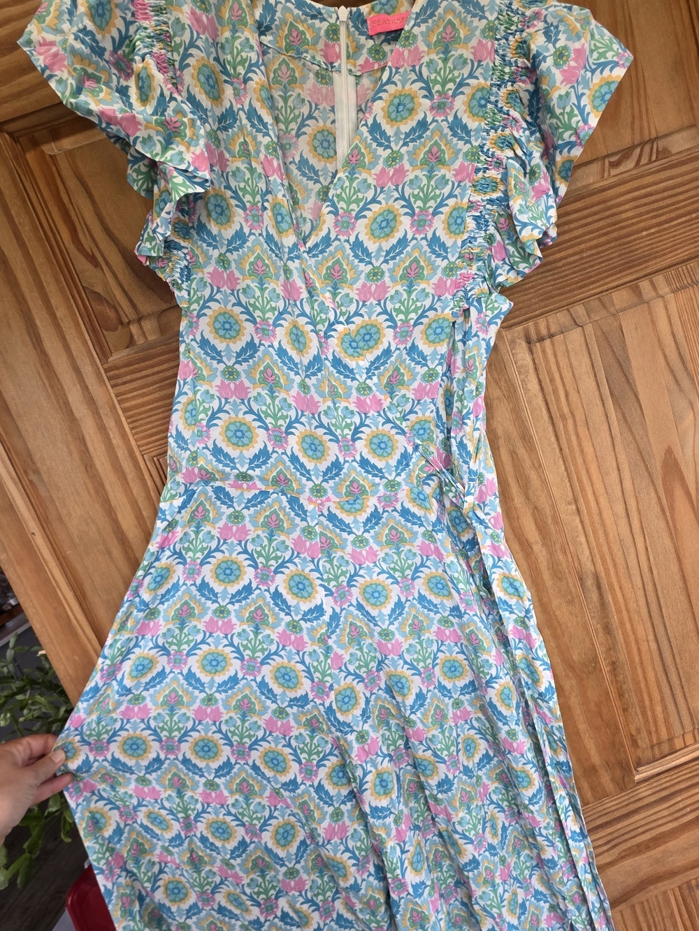 Feather & Find Boho Luxe Chantika Wrap Jumpsuit Small Blue Pink Floral Ruffle